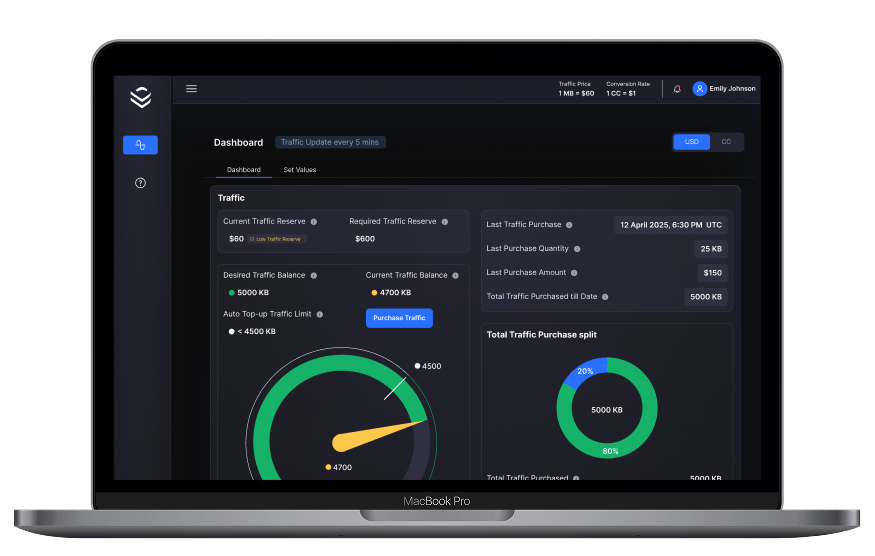 Gas Station dashboard on MacBook Pro — Traffic reserves, balances, purchase history, and traffic split